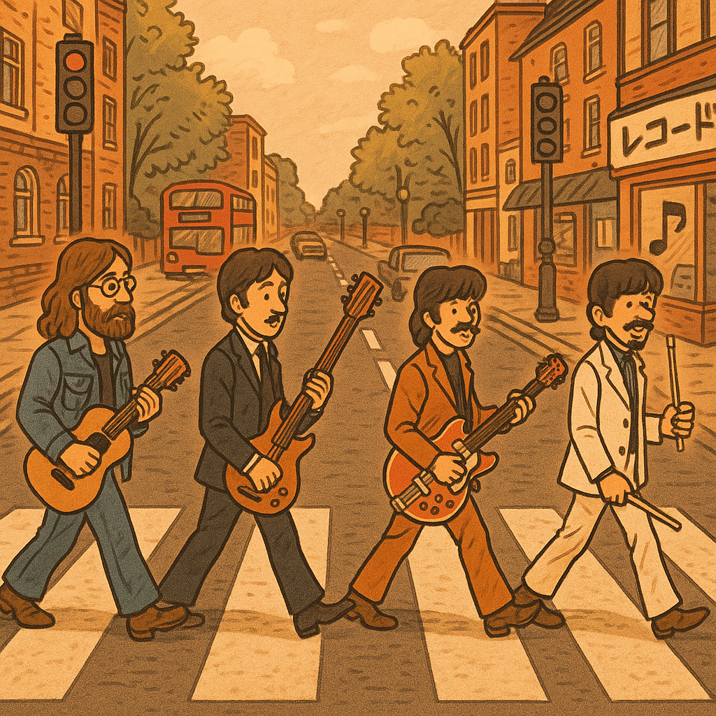ビートルズに似た人たちが道路を横断する絵
