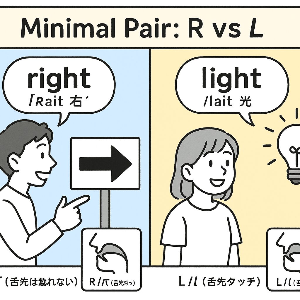 ミニマルペアでright（右）、、 light（光）を表す漫画絵をミニマルペアだよってわかるような図