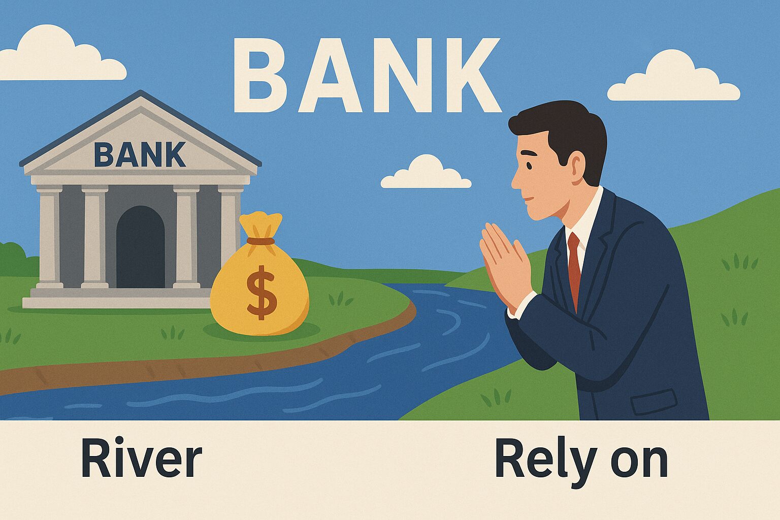 bank には 銀行 💰 / 川岸 🌊 / 頼みにするの図