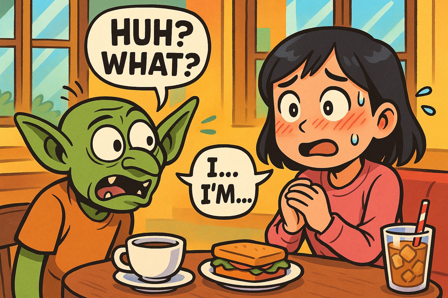 初対面でぎこちなく英会話している二人の図