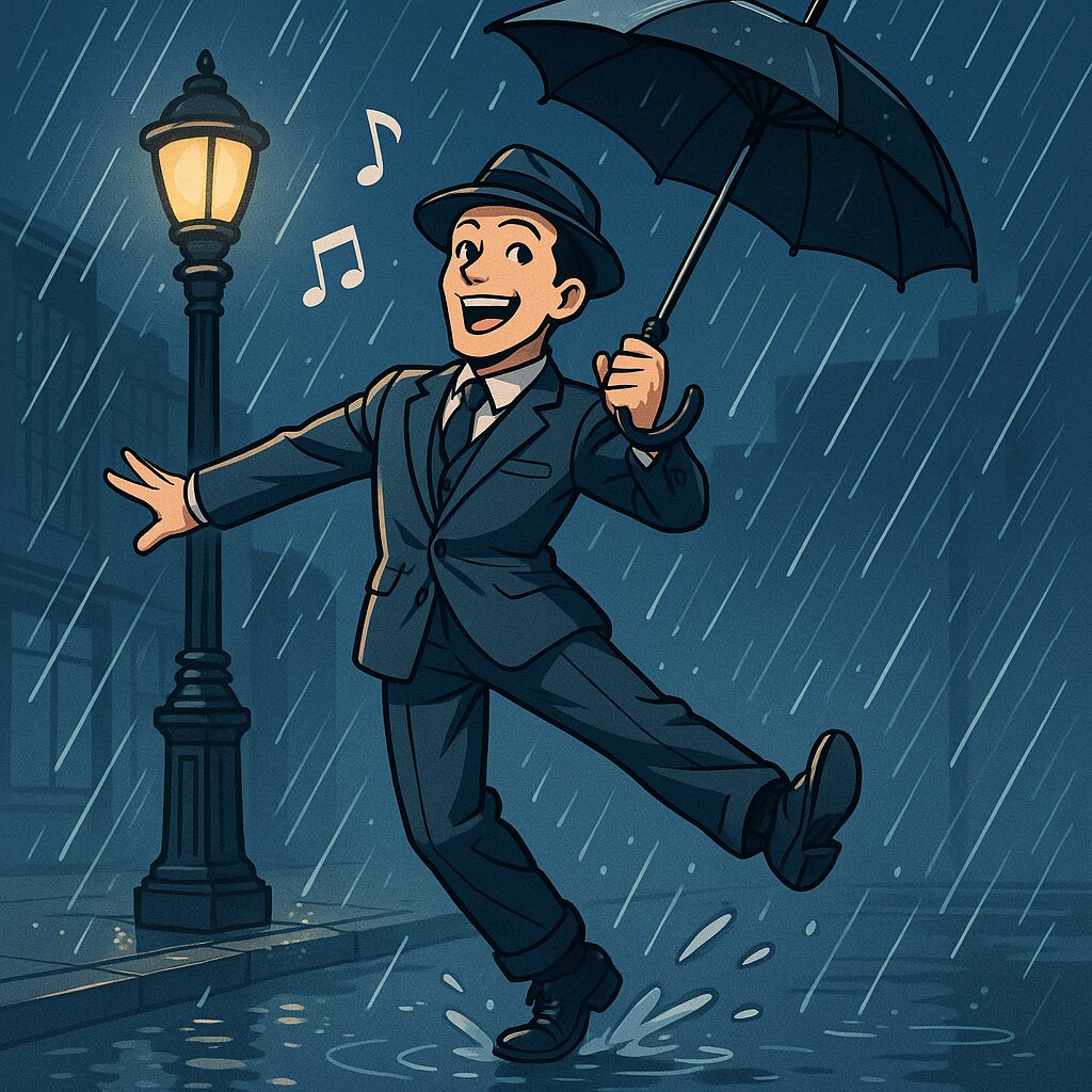 男性が雨の中で歌っている図