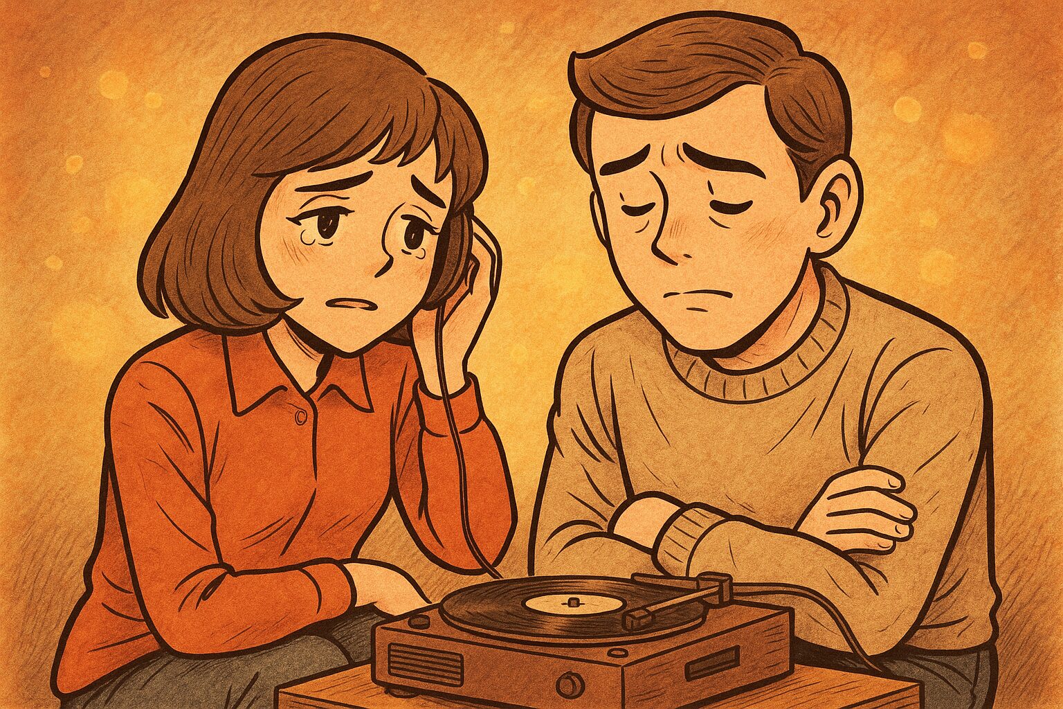 カーペンターズ風の二人が懐かしい音楽や思い出がよみがえり、過ぎ去った幸せな時を切なく振り返る図