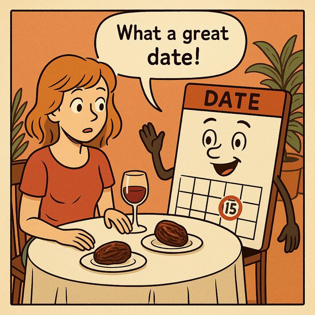 日付、デート、ヤシの実三つの意味を持つdateの図
