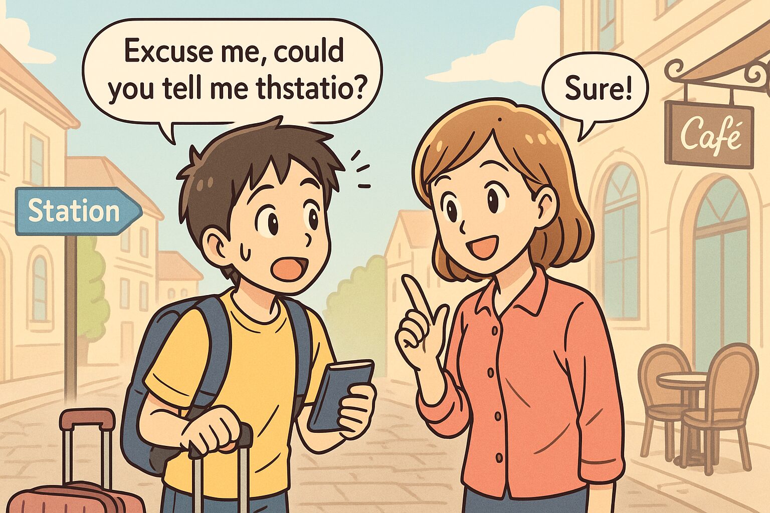 覚えたての英語で人に話しかける初心者の漫画絵