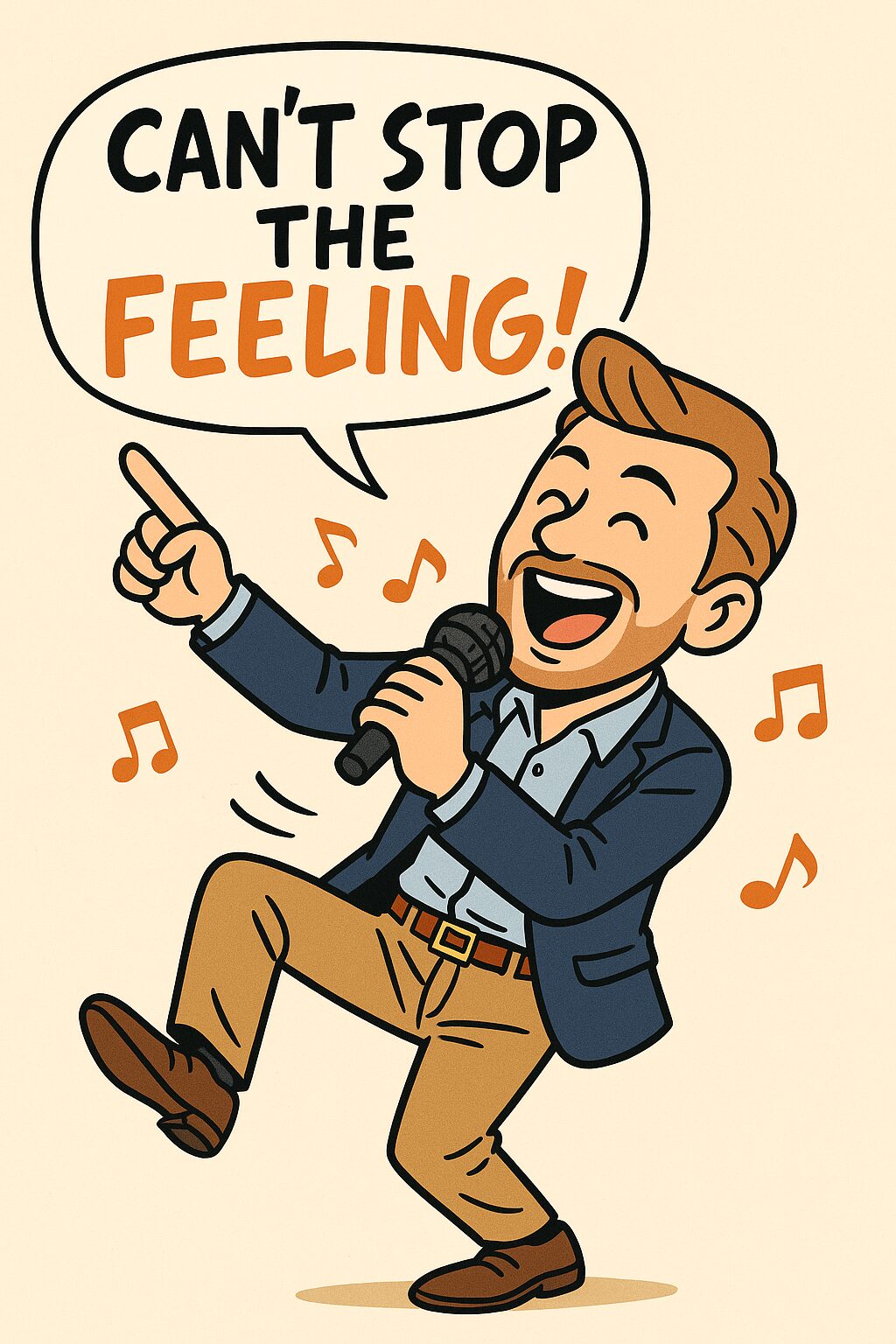 Justin Timberlake 風の男性が踊りながらCAN’T STOP THE FEELING!を歌っている漫画絵
