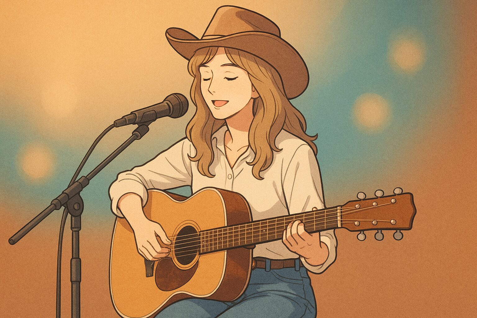 エミルー・ハリス風の女性がカントリーハットを被りカントリーギターでカントリーミュージックを歌っている絵