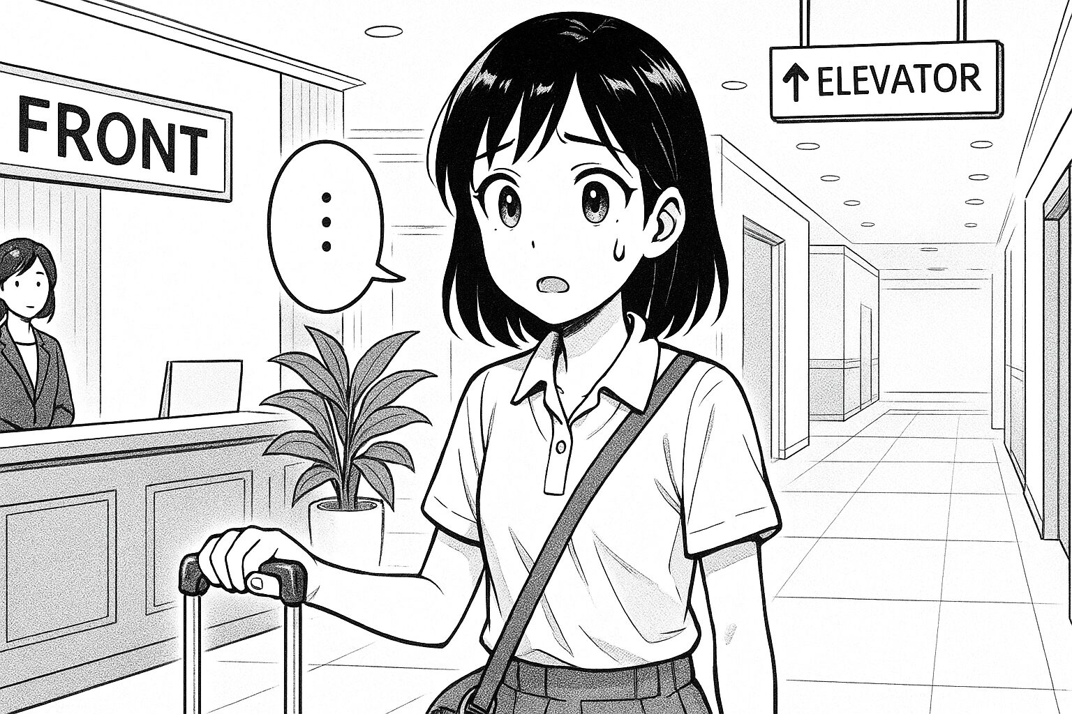 ホテルで英語がうまく伝わらないで戸惑っている日本人の女の子の漫画絵