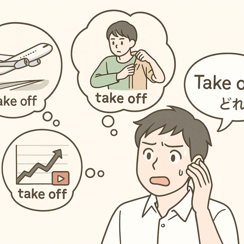 take off（離陸する／脱ぐ／急に成功する）が分からなくて慌てている英会話初心者の絵