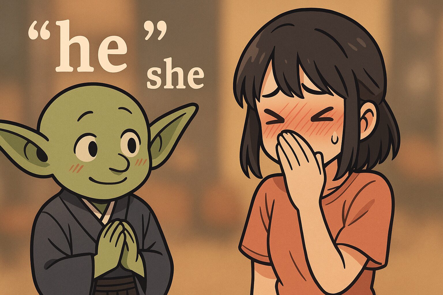 he と she を間違えたことによる気まずい雰囲気の男女の漫画絵