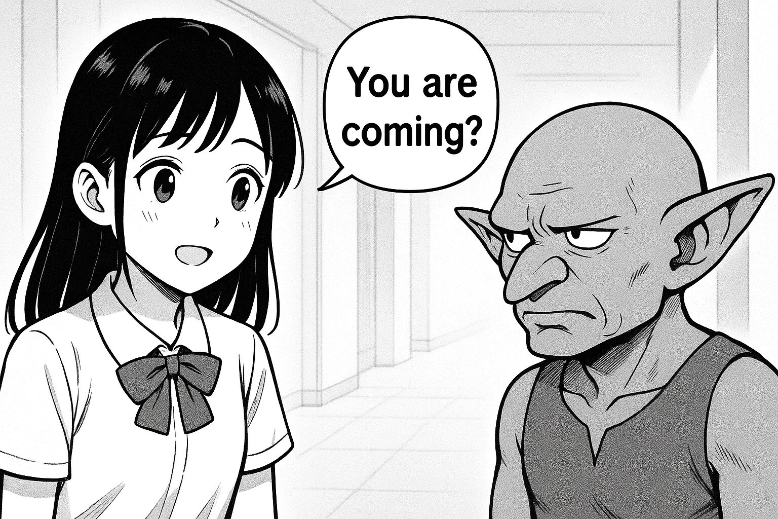 日本の女の子に「You are coming?」と言われてちょっと不満に思っているゴブリンの絵