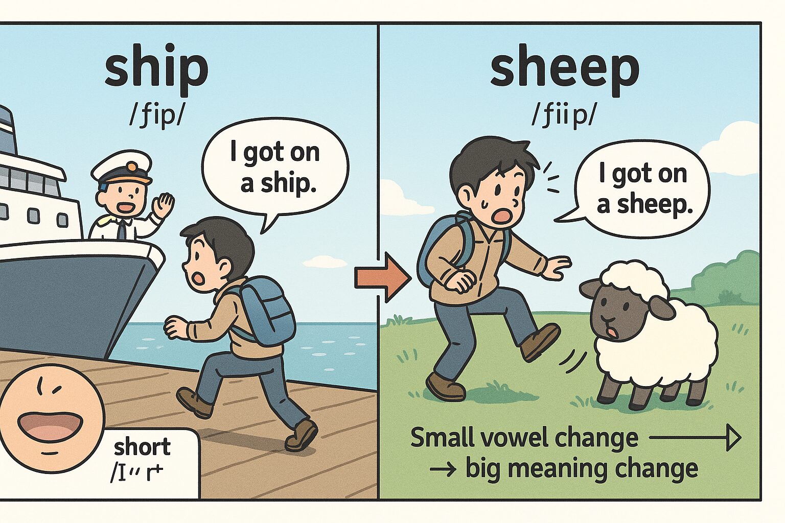 I got on a ship. I got on a sheep.発音の違いの絵