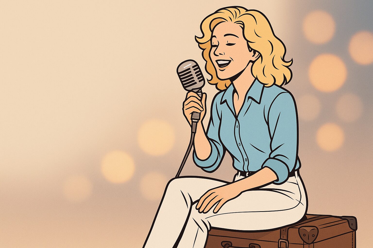 金髪女性がハイヒールに白のショートパンツをはいて歌っている図