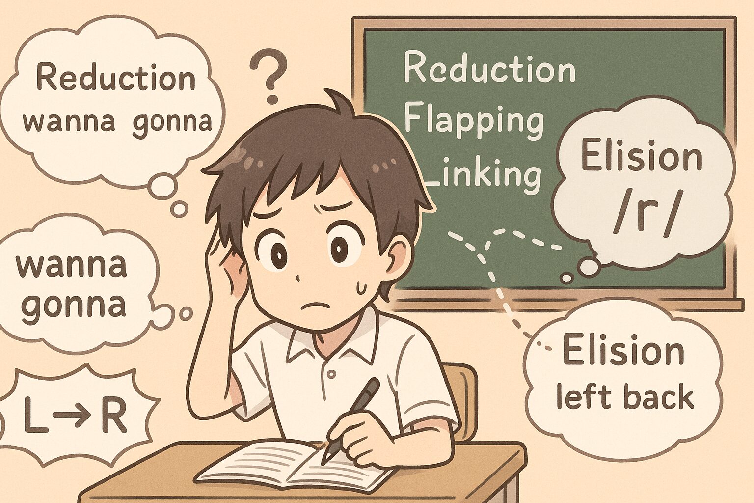 英語のしくみなどを考えて困惑する英語初心者の絵