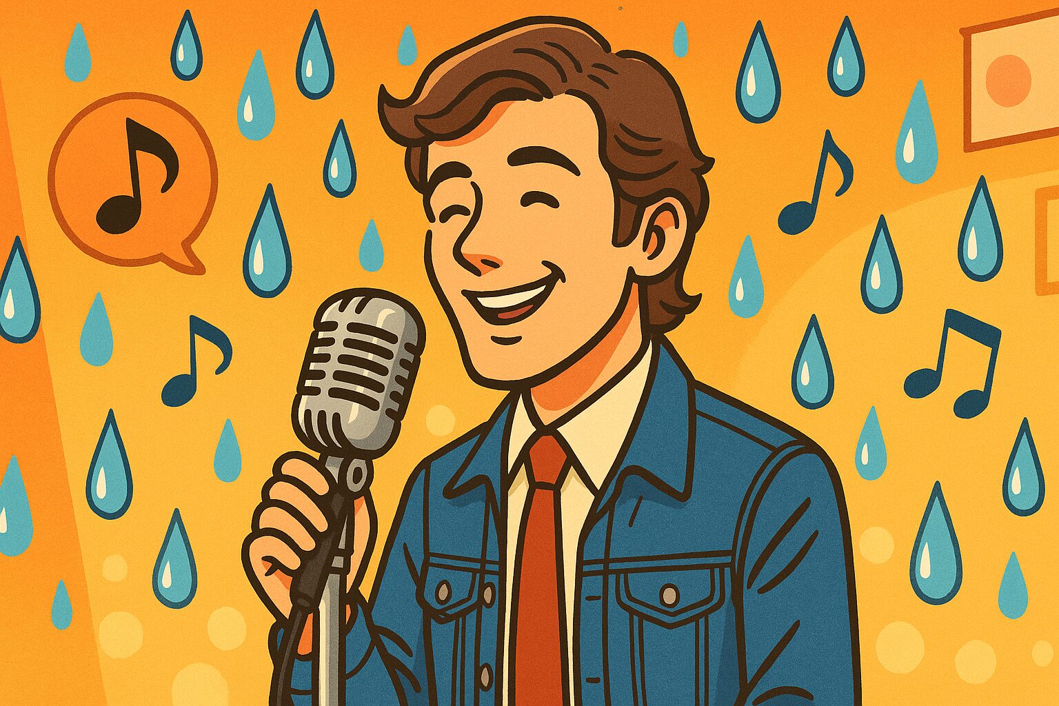 B.J.トーマス風の人が「Raindrops Keep Fallin’ on My Head」を歌っている漫画絵