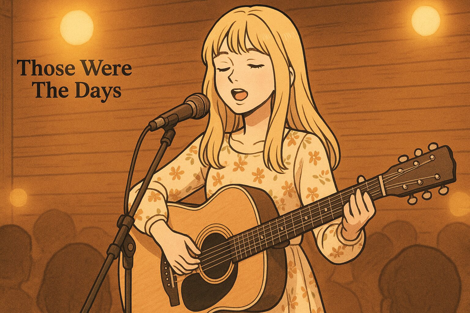 Mary Hopkin風の金髪の女性がThose Were The Daysを歌っている漫画絵