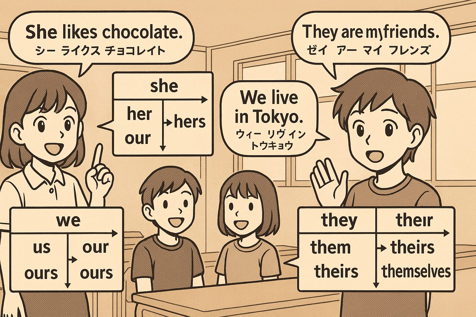 she/we/they/代名詞の変化の漫画絵