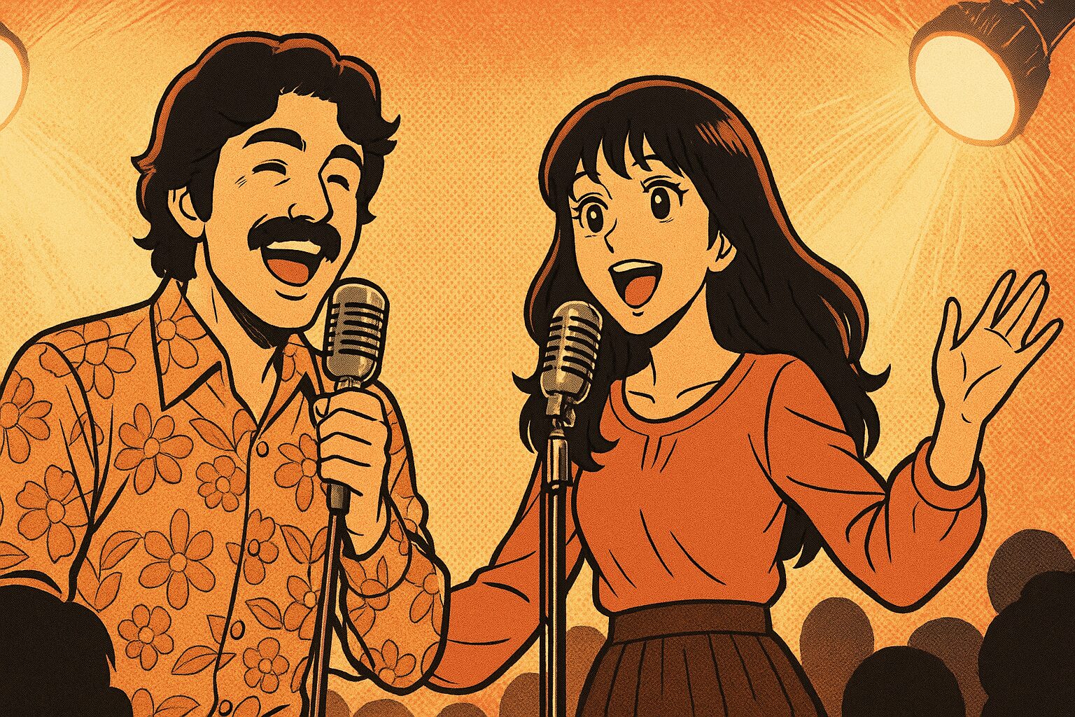 トニー・オーランド&ドーン風の二人が歌を歌っている漫画絵