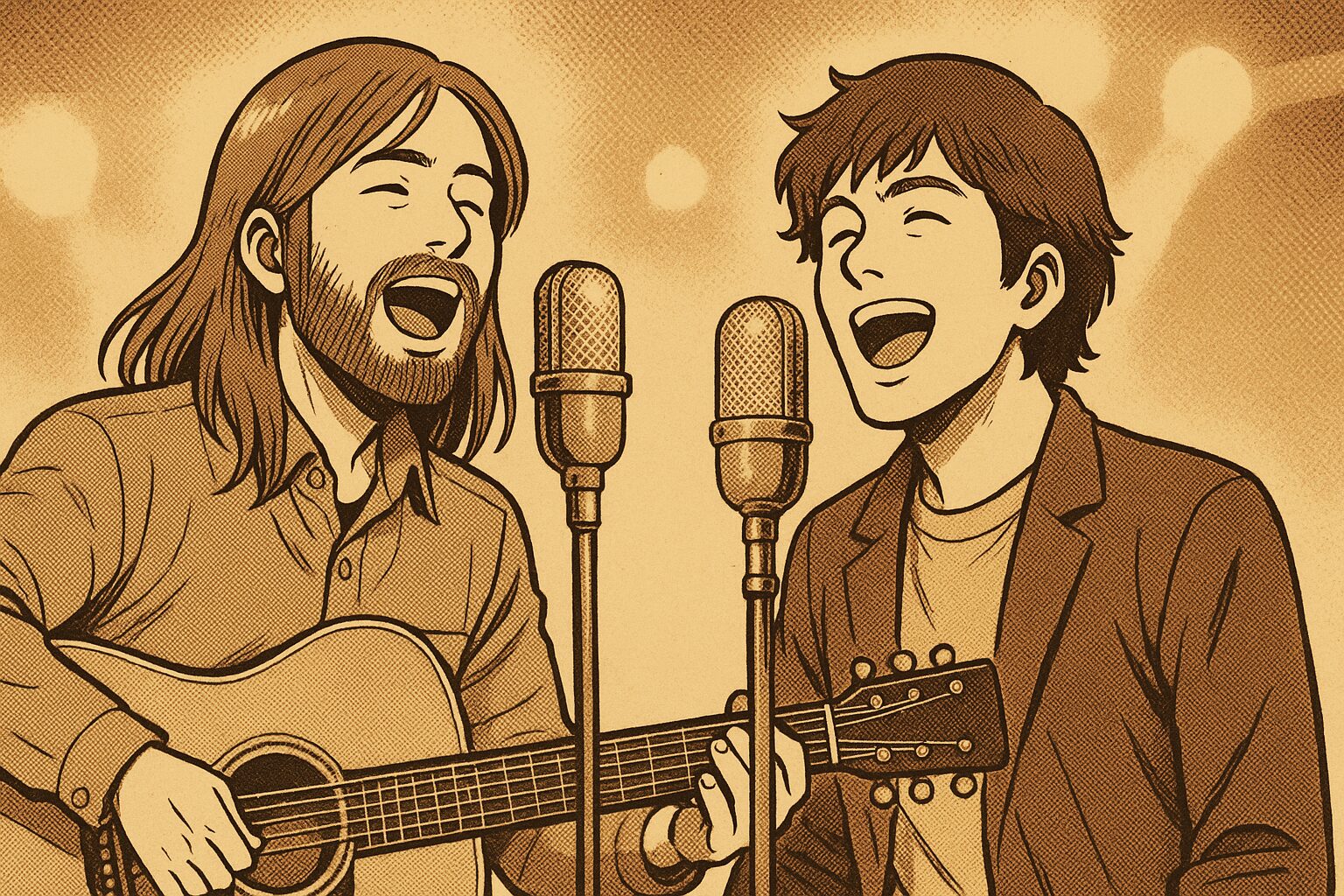 二人が歌を歌っている姿の漫画絵