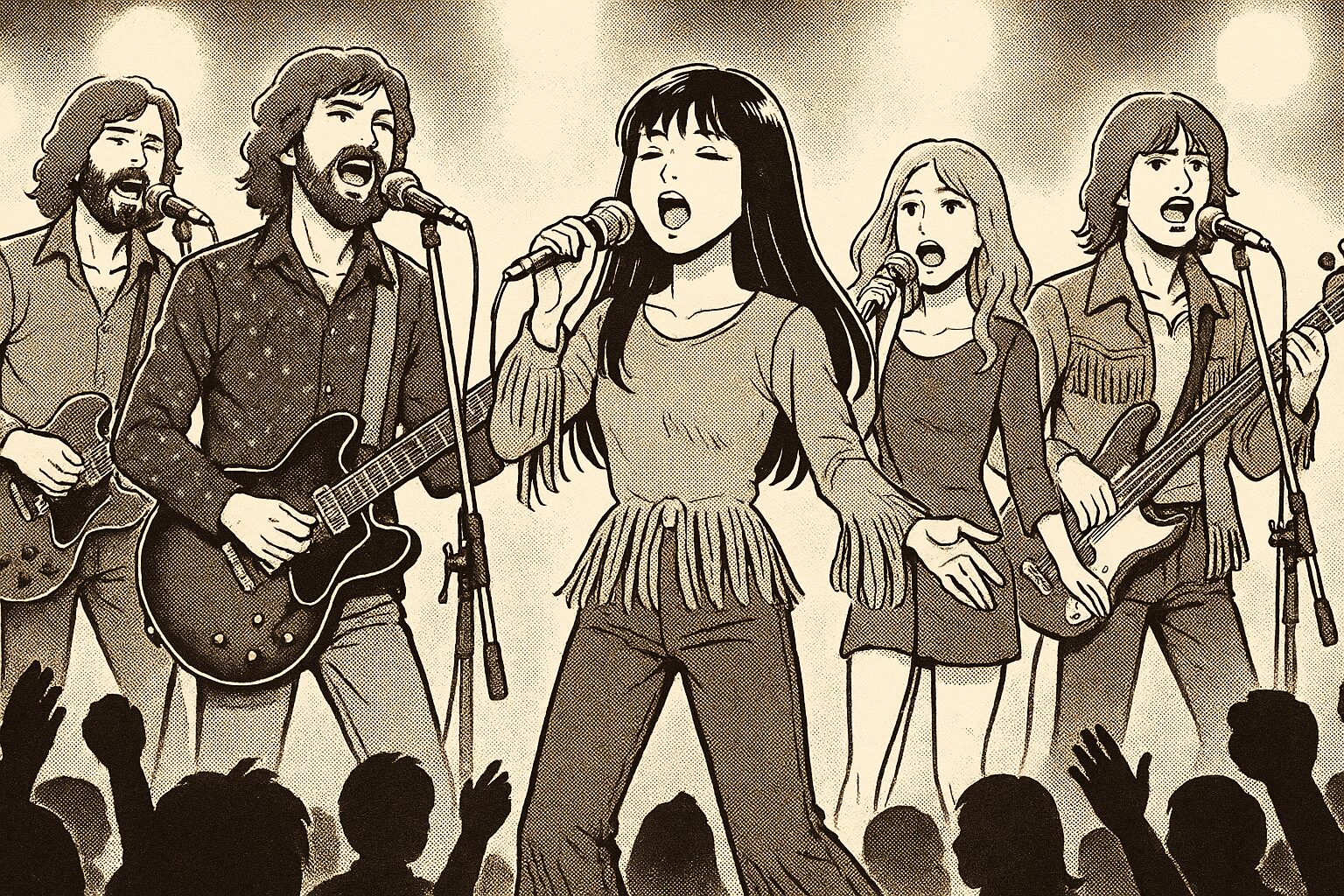 5人の男女が歌っている姿の漫画絵