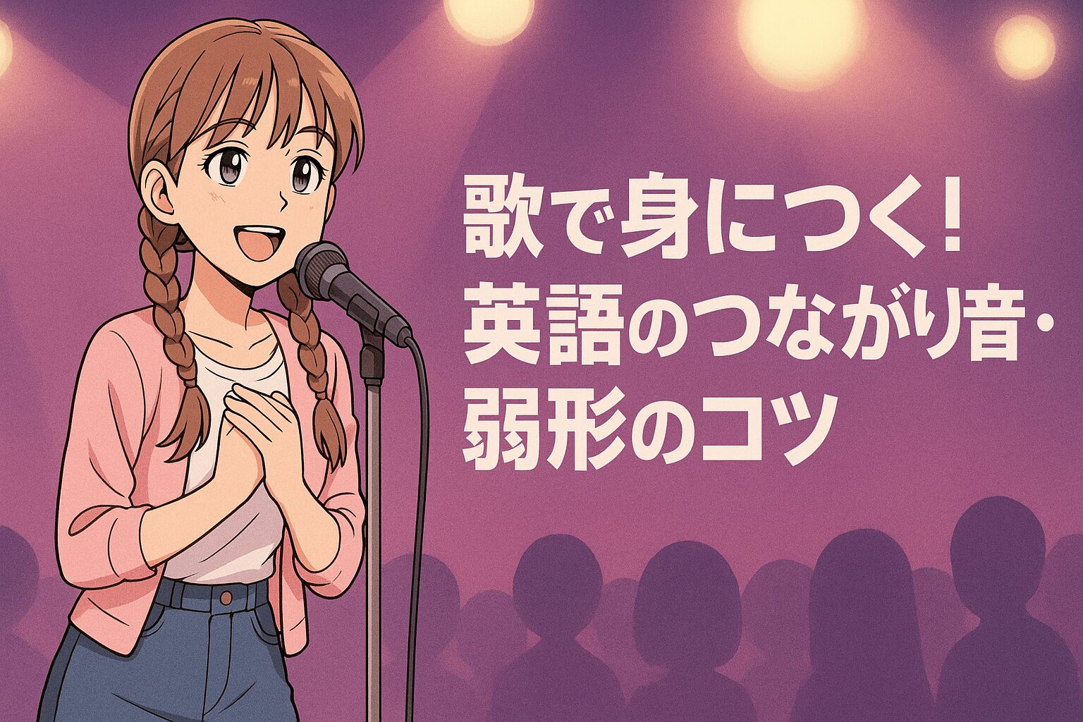 女性がみつあみにして舞台で歌っているシーン