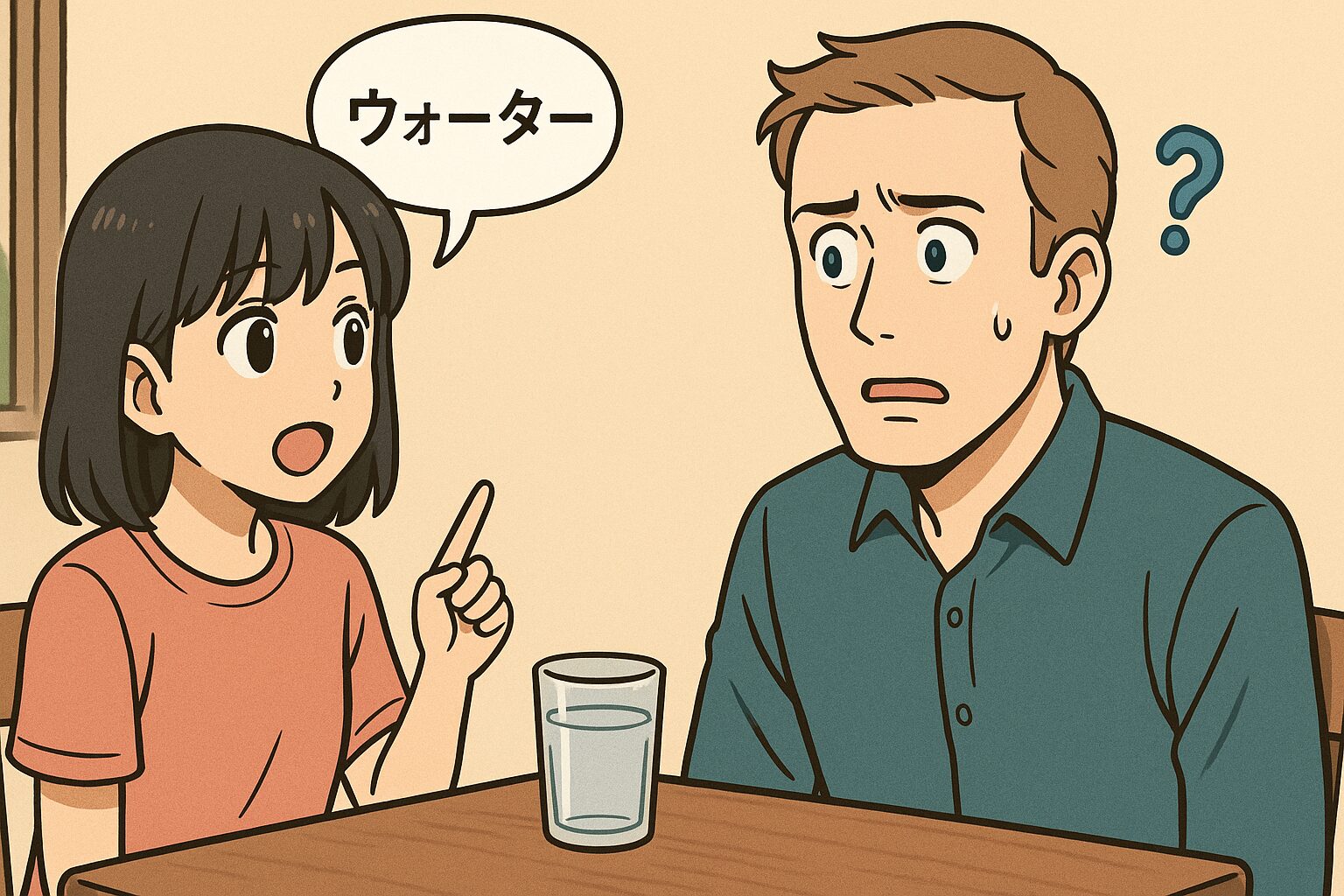 日本人の女の子にカタカナ発音のウォーターと言われ戸惑う外国人男性の漫画絵