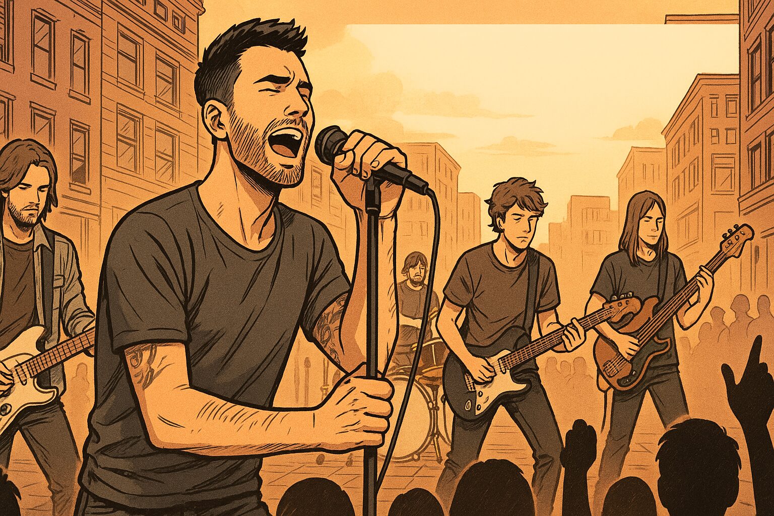 グループが街中で自由に歌っているシーンの漫画絵