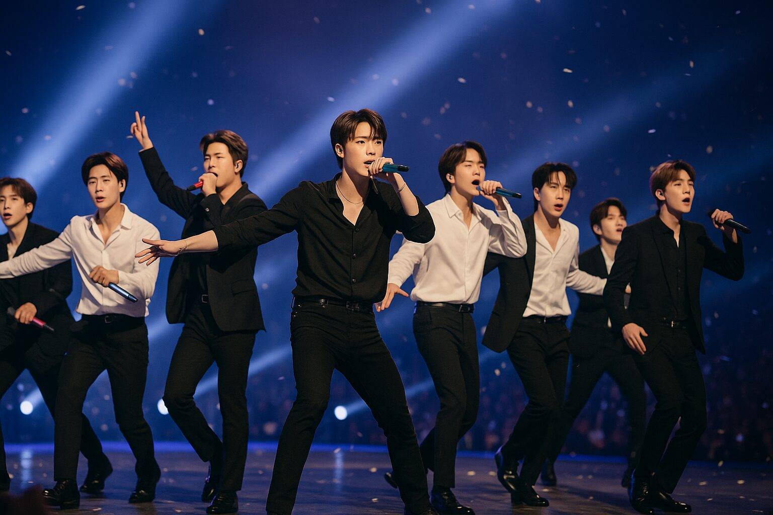 男性アイドルグループが舞台で踊りながら歌っているシーン