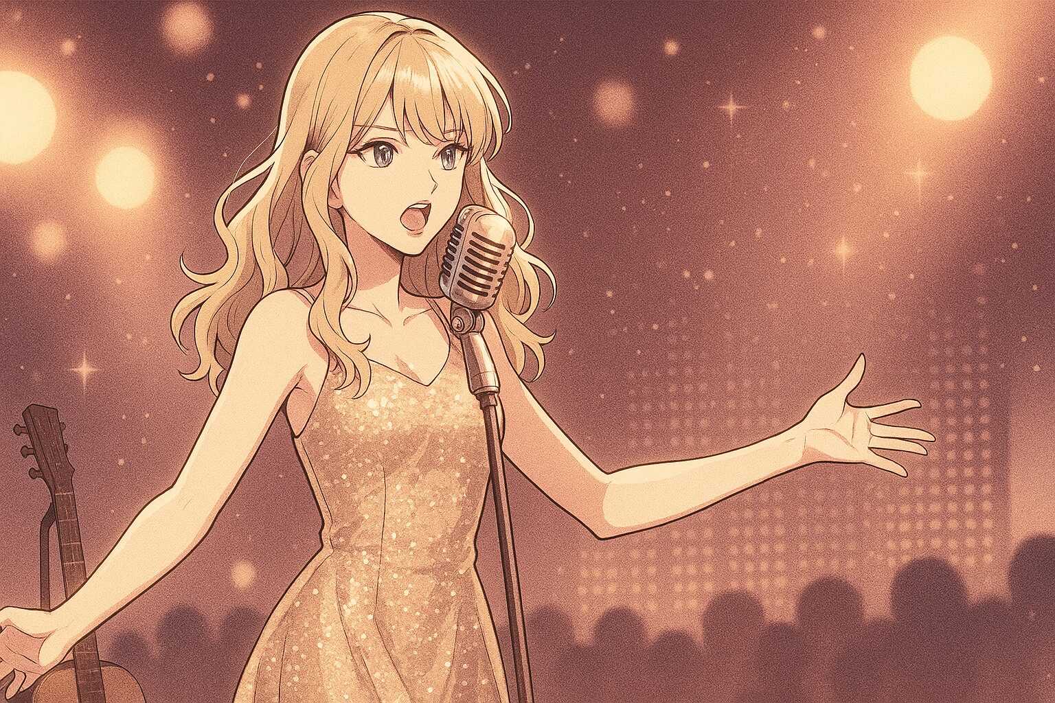 女性がステージで歌っている姿の漫画絵