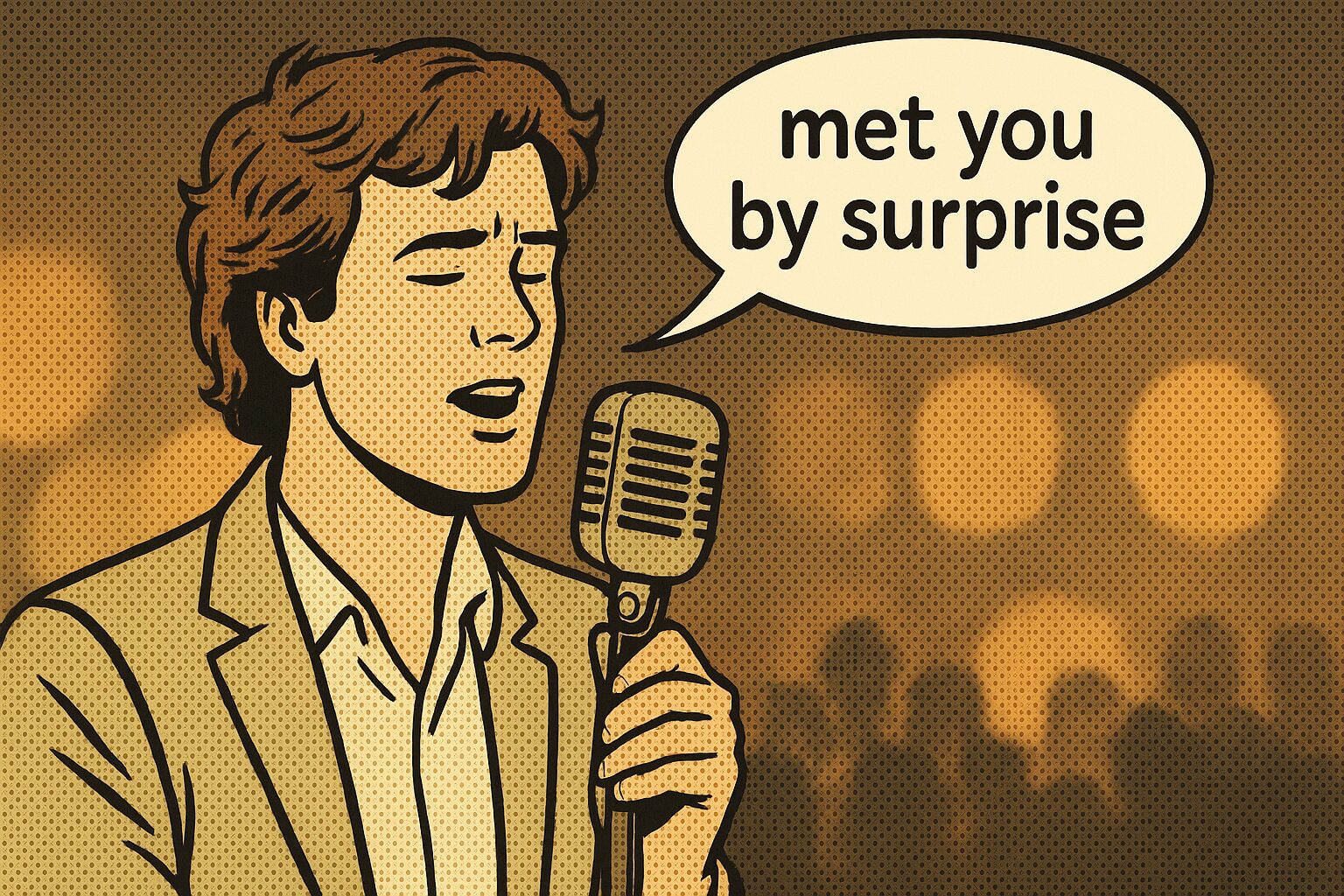 80年代の雰囲気のポップバラード歌手（一般的な男性）がステージで歌っている漫画風イラスト