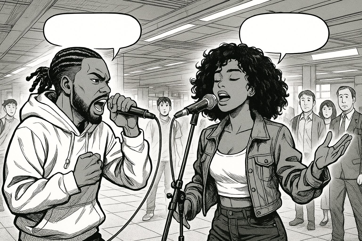 二人が駅の構内で歌っているシーンの漫画絵