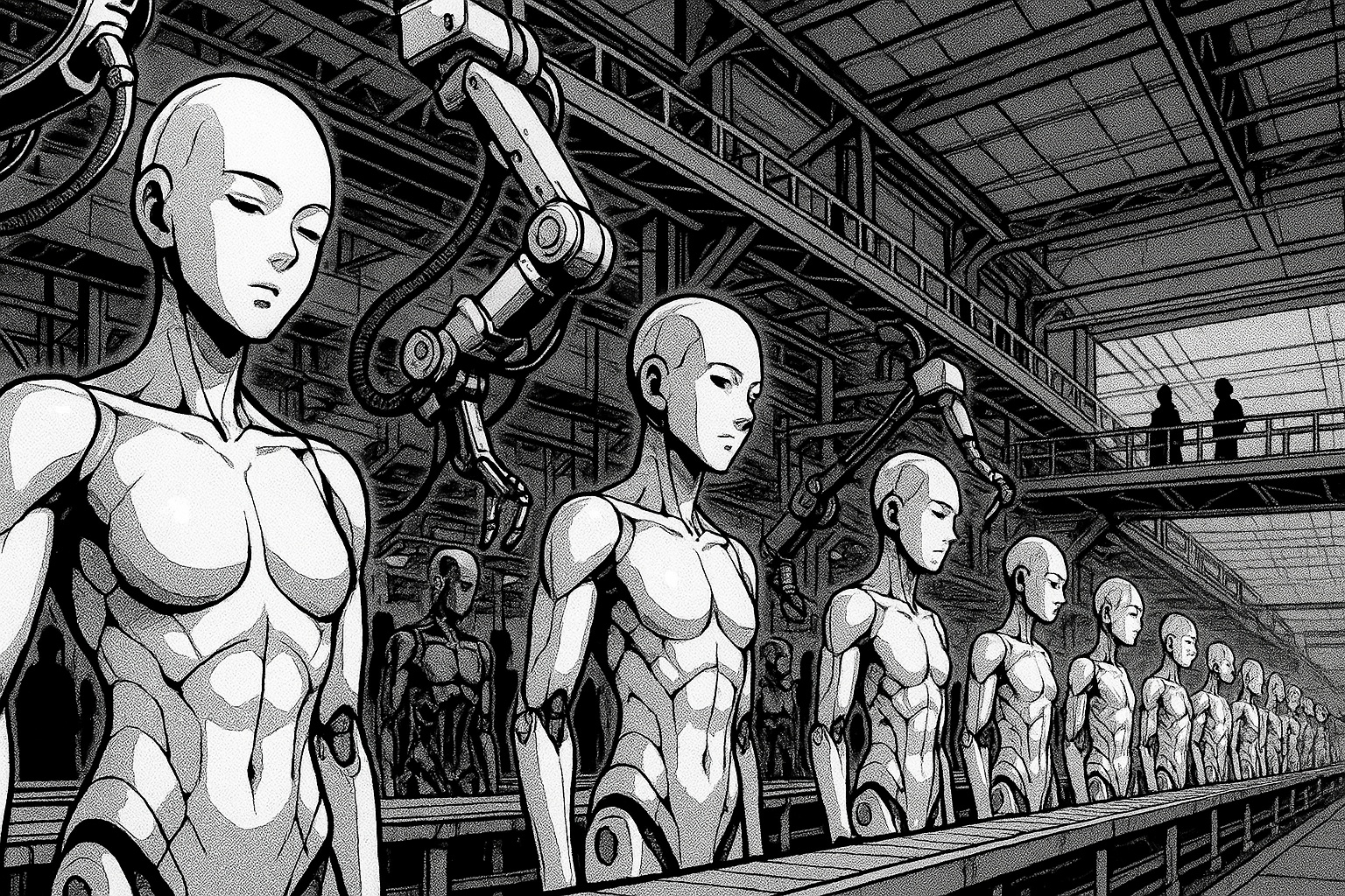 人間そっくりのロボットが量産される工場の絵